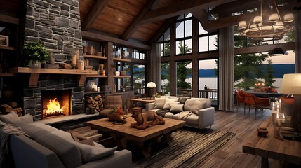 Plan a rustic lakeside retreat with weathered wood paneling and stone fireplace