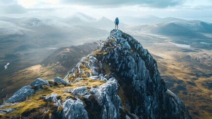 A hiker stands triumphantly on the mountains summit in a top-down view captured by a drone - obrazy, fototapety, plakaty