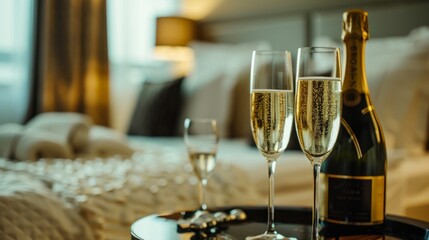 A luxurious table setting in a hotel room displaying two glasses of champagne and a bottle of champagne on a tray