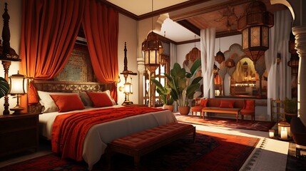 Plan a serene Moroccan riad bedroom with a canopy bed, ornate metal lanterns, and vibrant textiles in rich, warm colors