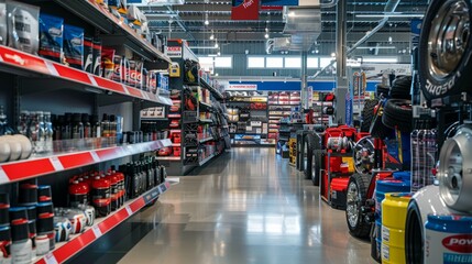 A store filled with a wide variety of automotive products, showcasing different brand logos as a wide banner with copy space