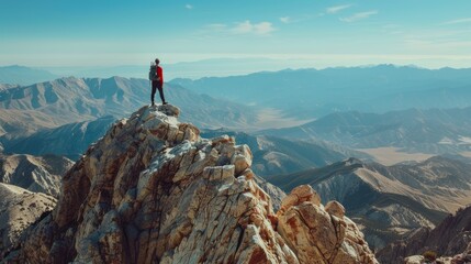 A hiker successfully standing at the peak of a grand mountain, showcasing the triumph of reaching...