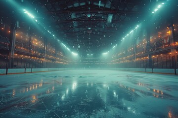 The atmospheric glow and reflections of lights in an empty ice hockey rink produce a sense of anticipation before the game