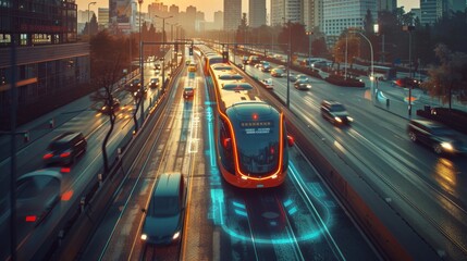 A visionary urban landscape with self-driving buses and smart traffic management technologies improving accessibility and reducing congestion - obrazy, fototapety, plakaty