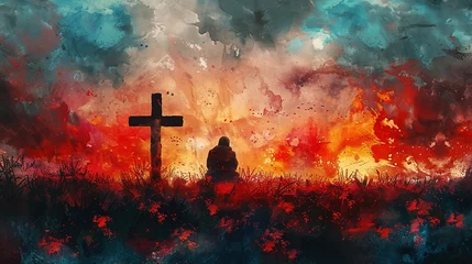 Foto op Plexiglas Man kneeling and praying in front of the cross. Digital watercolor painting © Jennifer