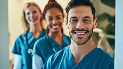 Male dentist and two female dental assistants in scrubs standing in front of a mirror in a dental office - obrazy, fototapety, plakaty