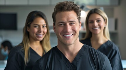 Close-up of a male dentist and two female dental assistants in matching attire standing next to each other
