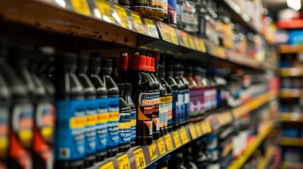 Various brands and types of motor oil bottles neatly arranged on shelves in a store - obrazy, fototapety, plakaty