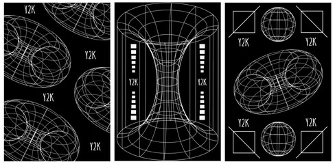 Black and White 3D Wireframe Abstract Posters Set. Y2K Geometrical Shapes banner collection. Artistic vector aesthetic can used web and social media postcard design. EPS 10