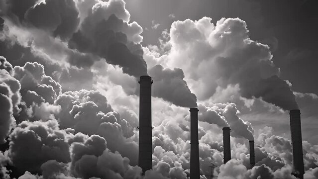 Monochrome photo: tall smoke stacks emit thick smoke against cloudy sky, depicting pollution and environmental impact.
