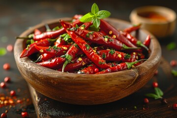 A sumptuous image displaying fresh chili peppers garnished with fragrant herbs and spices, inviting culinary creativity - obrazy, fototapety, plakaty
