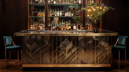 Plan a vintage Art Deco bar with geometric patterns, mirrored surfaces, and a brass-topped counter for serving classic cocktails