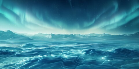 A breathtaking aurora borealis dances over an icy mountain landscape under a night sky