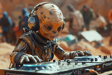 An astronaut dressed DJ creating music on a professional DJ mixer in a desert environment