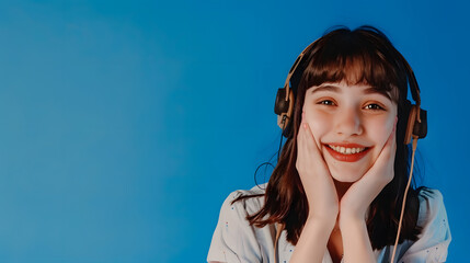 Portrait of attractive trendy cheerful girl help desk service showing copy space isolated over bright blue color background : Generative AI