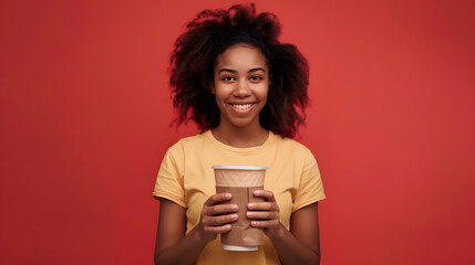 Full length photo of smiling young african american woman in casual tshirt hold takeaway delivery craft paper brown cup tea coffee to go isolated on red background studio portrait Mock : Generative AI
