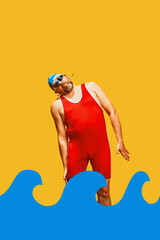 Man in swimwear worming up in children's pool with abstract water waves against yellow studio background. Concept of pop art, sport, training, competition, hobby, activity.