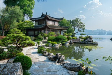 A beautiful garden with a pond and a pagoda in the background with a blue sky and clouds in the