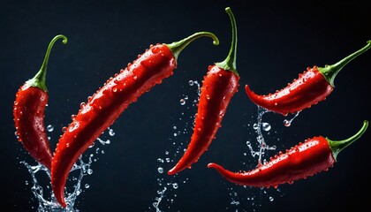 Cute red chilli isolated on the black background. Cayenne pepper crossed the stream of water. Wet pepper pods. Healthy eating concept.