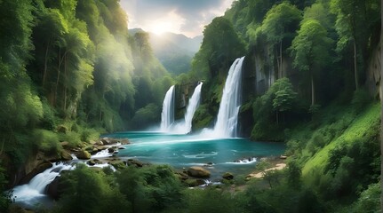 This stunning panorama picture shows a waterfall in the middle of a verdant forest.