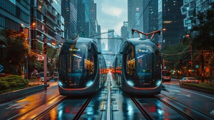 A visionary cityscape where self-driving buses and smart traffic systems create a more connected and accessible urban environment - obrazy, fototapety, plakaty