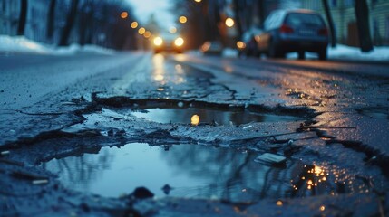 Damaged road. poor quality street. Old damaged asphalt pavement road with potholes. Fix road - obrazy, fototapety, plakaty