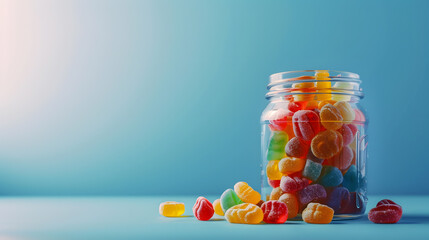 Jar with scattered jelly candies on a blue background copy space : Generative AI
