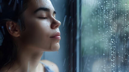 Music of rain Side shot of serene latin woman relax by window with closed eyes listen sound of...