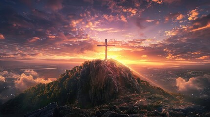 Large cross atop a mountain illuminated by the setting sun - Powered by Adobe