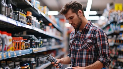A man is intensely studying a can in the auto parts store aisle, browsing the selection of products available
