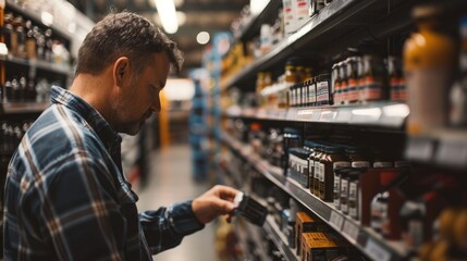 A man engrossed in exploring the selection of auto parts on shelves in a store aisle