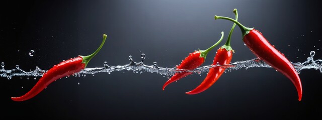 Cute red chilli isolated on the black background. Cayenne pepper crossed the stream of water. Wet...