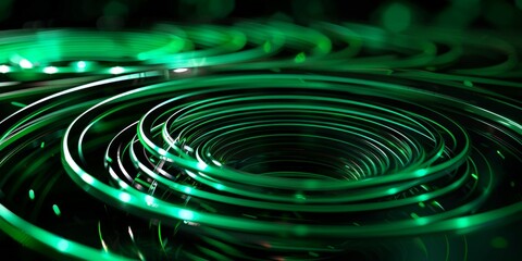 Abstract green glowing lines in the dark, creating circular ripples and circles on black background. 