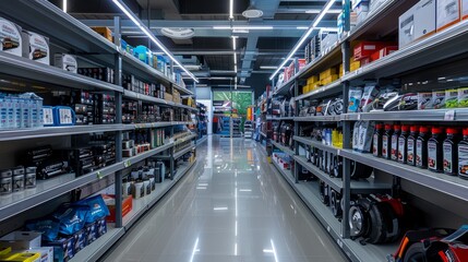 Scene inside an automotive store with multiple shelves filled with various items and products for sale
