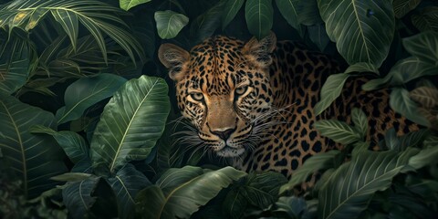 A prowling leopard's captivating gaze amidst dense greenery portrays the essence of wildness and stealth in nature - obrazy, fototapety, plakaty