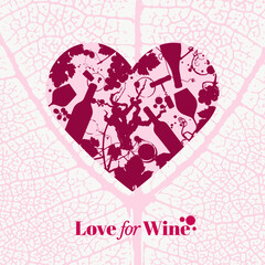 Heart shape with wine symbols. Vine leaf texture background. - 787238872