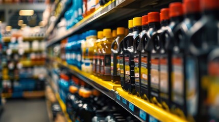 A store shelf packed with various types of drinks in colorful bottles and cans - obrazy, fototapety, plakaty