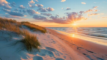 A beautiful sunset on the beach of the Sobieszewo Island at the Baltic Sea at spring. Poland - obrazy, fototapety, plakaty