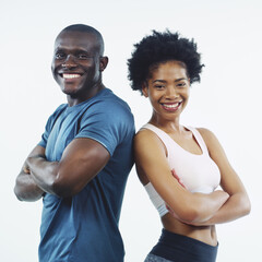 Black couple, portrait and fitness with confidence for workout, exercise or training on a white...