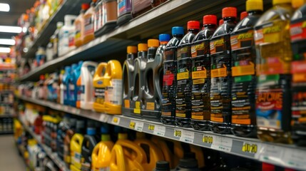 A store filled with various types of oils displayed on shelves, showcasing a wide range of motor oil products - obrazy, fototapety, plakaty