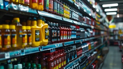 A vast selection of various drinks neatly displayed on store shelves, showcasing an array of options for customers