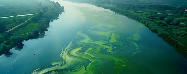 Water pollution by blooming blue-green algae on river. generative ai - obrazy, fototapety, plakaty