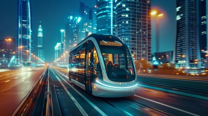 A city at the forefront of innovation with self-driving buses and intelligent traffic management solutions driving sustainable urban mobility - obrazy, fototapety, plakaty