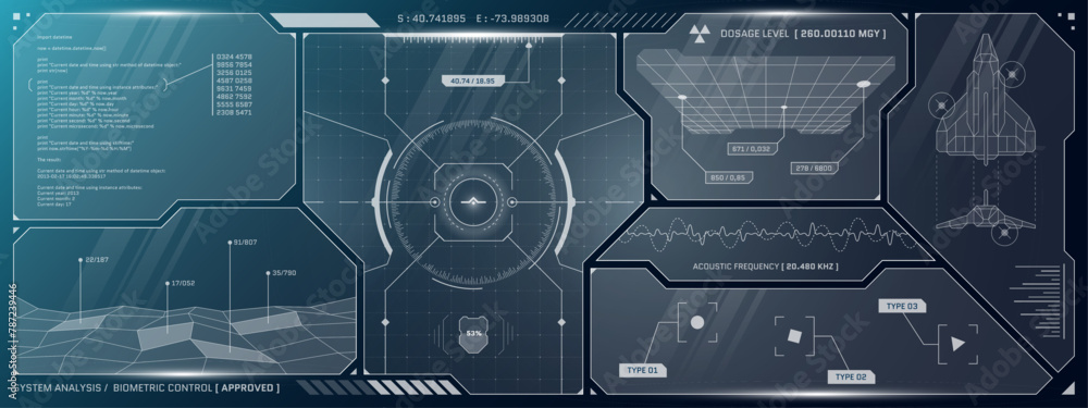Poster vr hud futuristic control panel. technology head up display target and command center ui screen. gui