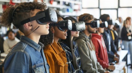 Multiethnic group of people wearing virtual reality headsets in a spacious room