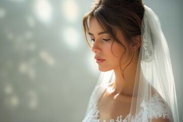 Bride in contemplative serenity, her visage framed by a soft veil and delicate lace in gentle light