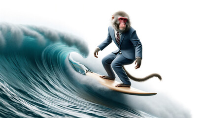 サーフボードで波に乗るスーツを着た日本猿 - obrazy, fototapety, plakaty