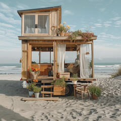 Design a small, charming beach house on a sandy beach.