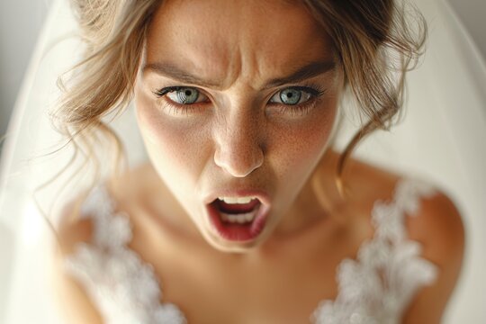 Portrait of irritated angry bride woman in beautiful white wedding dress