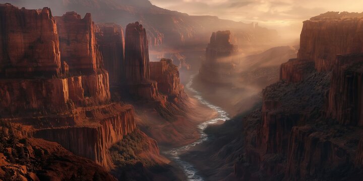 Majestic canyon landscape basked in golden hour light, highlighting the soaring cliffs and winding river below